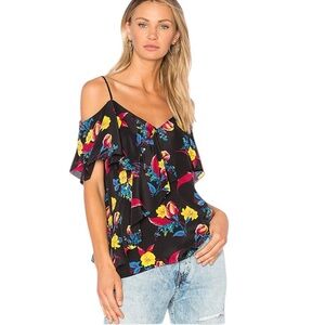 Diane Von Furstenberg Silk Black Floral V-Neck Ruffle Blouse Small Reg. $248